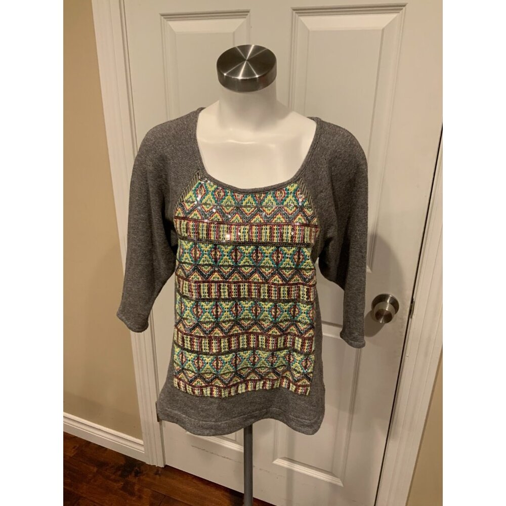 Plenty by Tracy Reese Gray Sweatshirt with Shimmering Bright Embroidery, Size S